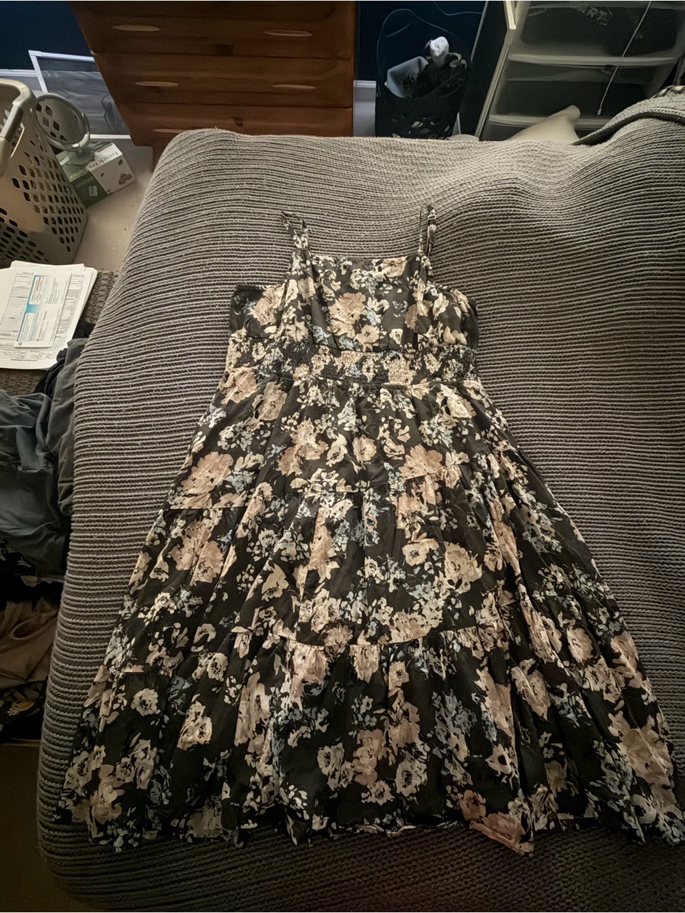 Maurices Black Floral Tiered Midi Dress with Beige Accents